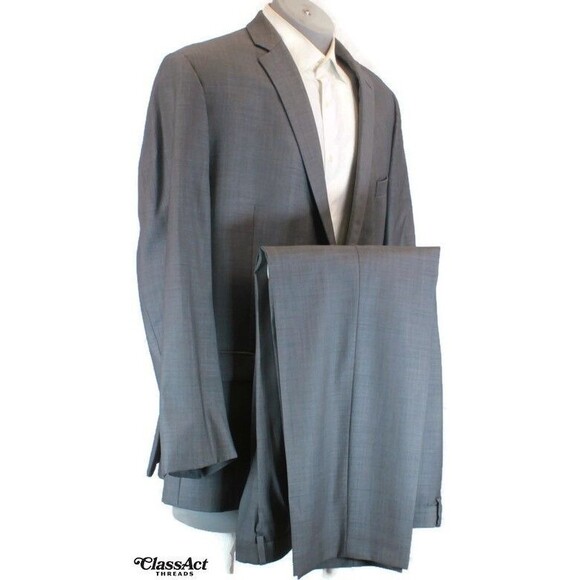 Calvin Klein Slim Fit 2 Piece Suit Mens Gray 2 Button Wool 48R Flat Fronts 40" W - Picture 2 of 12
